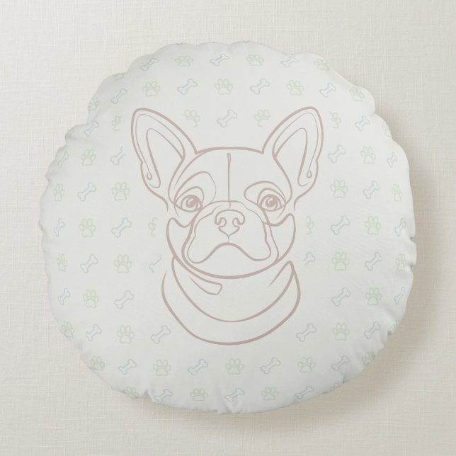 Fransk Bulldog Dekorativ Linje Konst Mönster Rund Kudde (Framsidan)