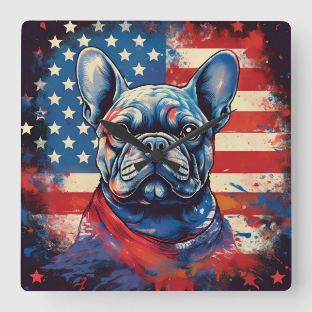Fransk Bulldog & Distress American Flagga Fyrkantig Klocka (Framsida)