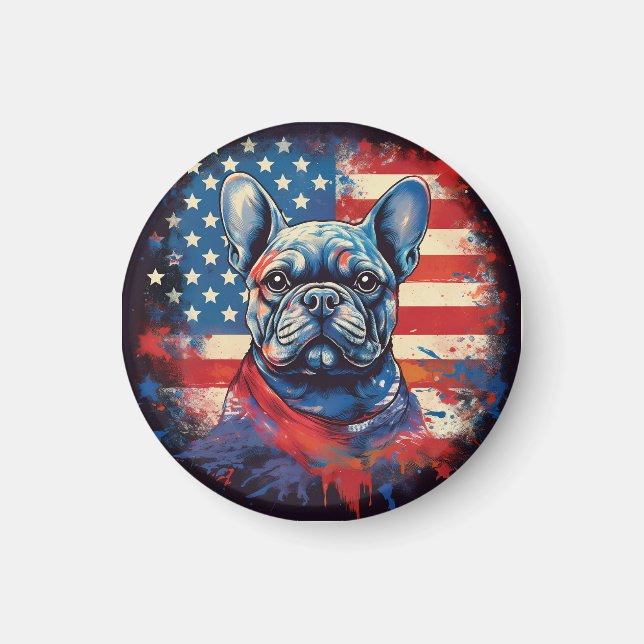 Fransk Bulldog & Distress American Flagga Magnet (Framsidan)