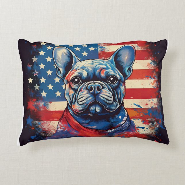 Fransk Bulldog & Distress American Flagga Prydnadskudde (Framsidan)