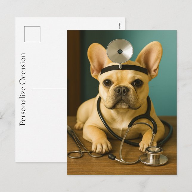Fransk Bulldog Doktor Valp Present Återhämtningsön Helg Vykort (Fram/baksida)