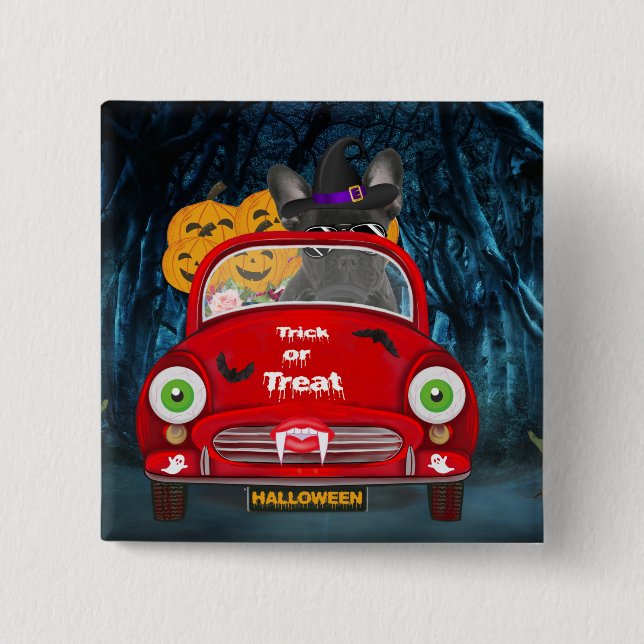Fransk Bulldog Driving Car Scary Halloween Knapp (Framsida)
