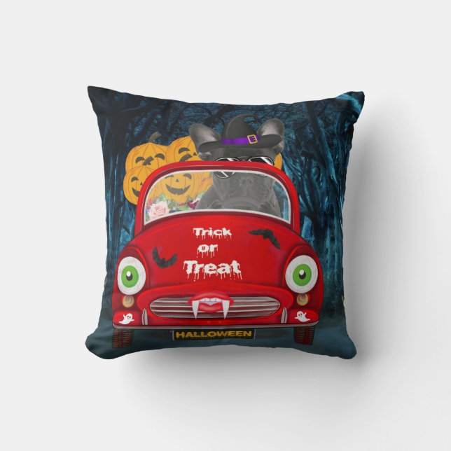 Fransk Bulldog Driving Car Scary Halloween Kudde (Framsida)