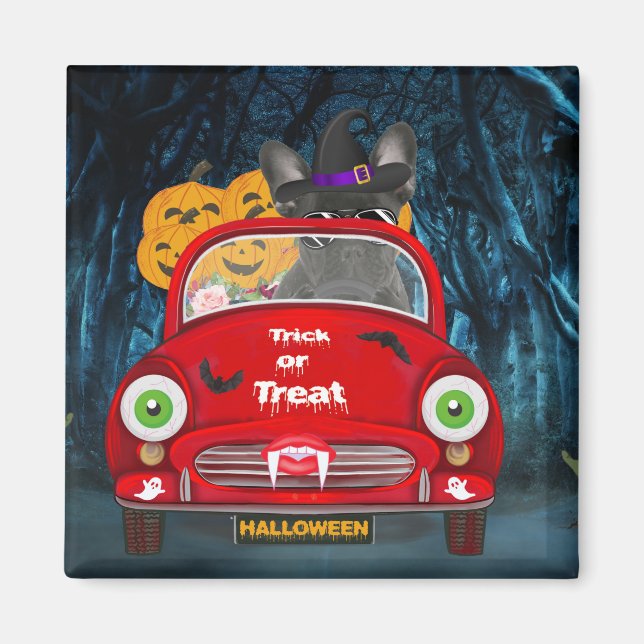 Fransk Bulldog Driving Car Scary Halloween Magnet (Framsidan)