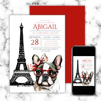 Fransk Bulldog Eiffel Torn Paris Puppy Birthday Inbjudningar