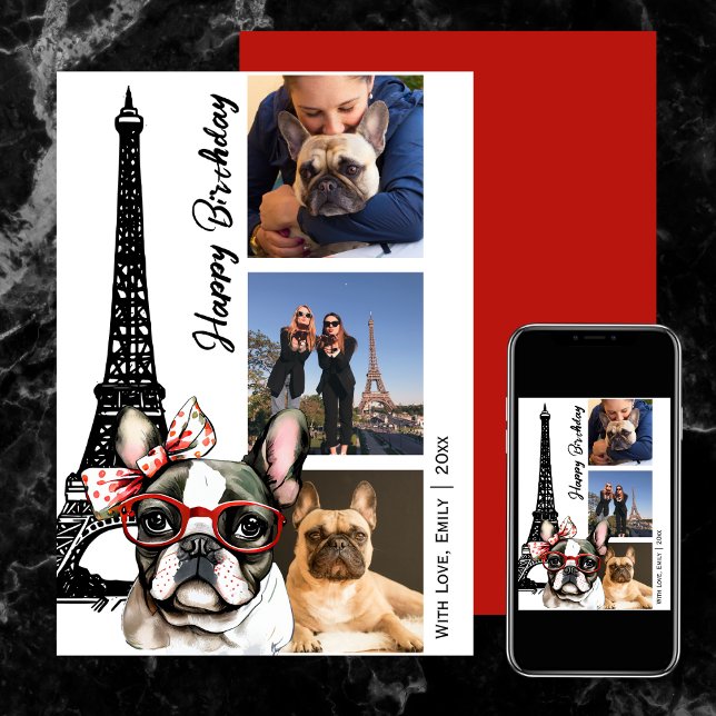 Fransk Bulldog Eiffel Torn Photo Paris Birthday Kort (French Bulldog Eiffel Tower Photo Paris Birthday Card)