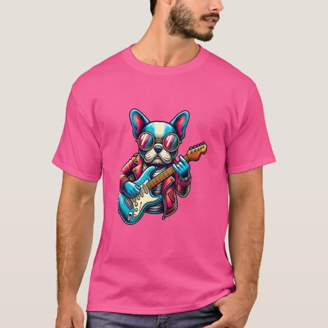 Fransk Bulldog Electric Guitar Rolig hund Sten Ban T Shirt (Framsida)
