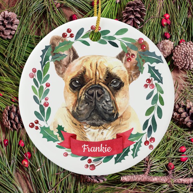 Fransk Bulldog-Eleganten  Vattenfärg Hund Julgransprydnad Keramik (Skapare uppladdad)