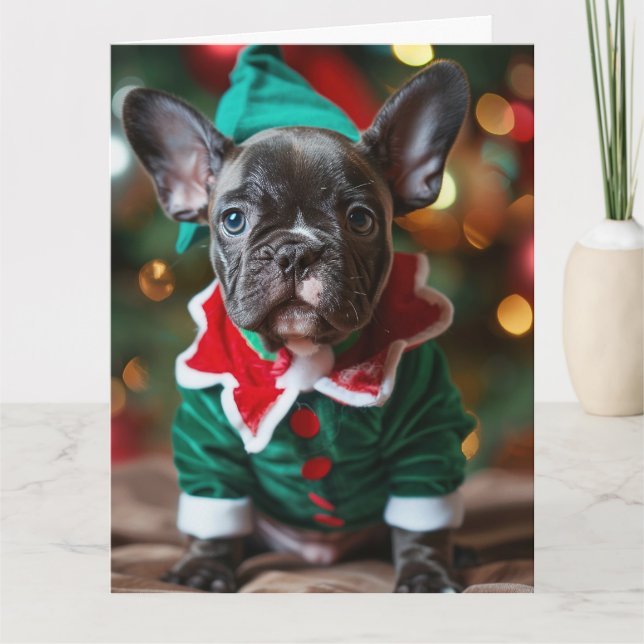 Fransk Bulldog Elf Puppy-julkort Kort (Framsida)