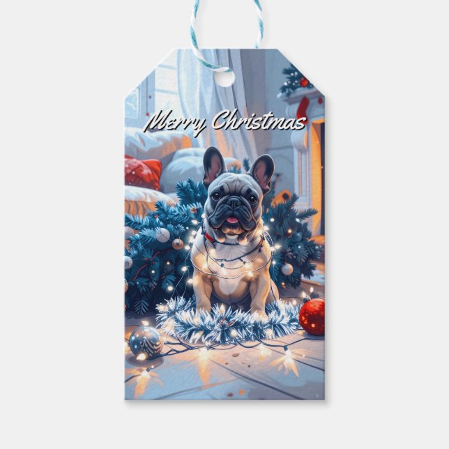 Fransk Bulldog & Fairy Ljus jul Presentetikett (Framsidan)