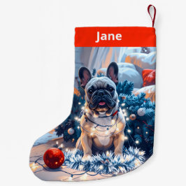 Fransk Bulldog & Fairy Ljus Jul Stocking Liten Julstrumpa