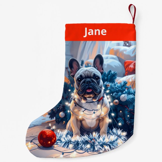 Fransk Bulldog & Fairy Ljus Jul Stocking Liten Julstrumpa (Baksidan)
