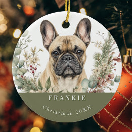 Fransk Bulldog Fawn Hundras Vattenfärg Jul Julgransprydnad Keramik