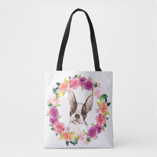Fransk bulldog, Floral Wandete Tote Bag Tygkasse (Framsida)