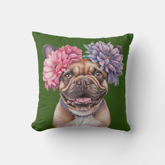 Fransk Bulldog Flower Krona Watercolor Skriv ut Kudde (Framsida)