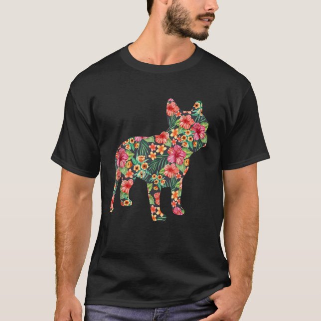 Fransk Bulldog Flower Rolig hund Silhouette Blommi T Shirt (Framsida)