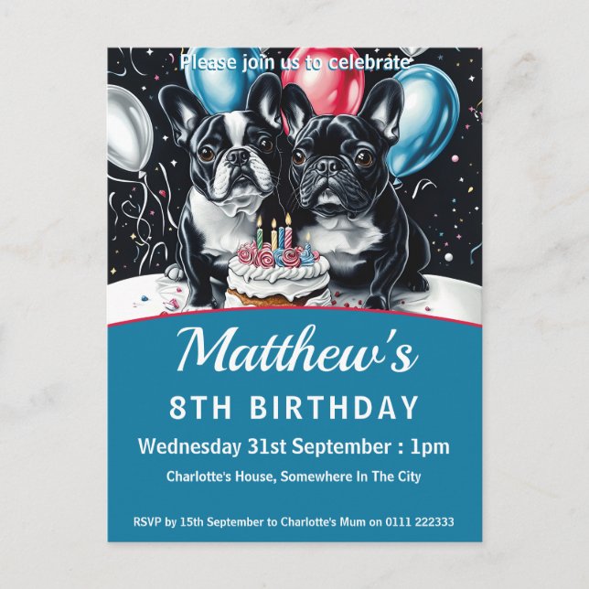 Fransk Bulldog-Födelsedagsfest Inbjudan Vykort (Framsida)