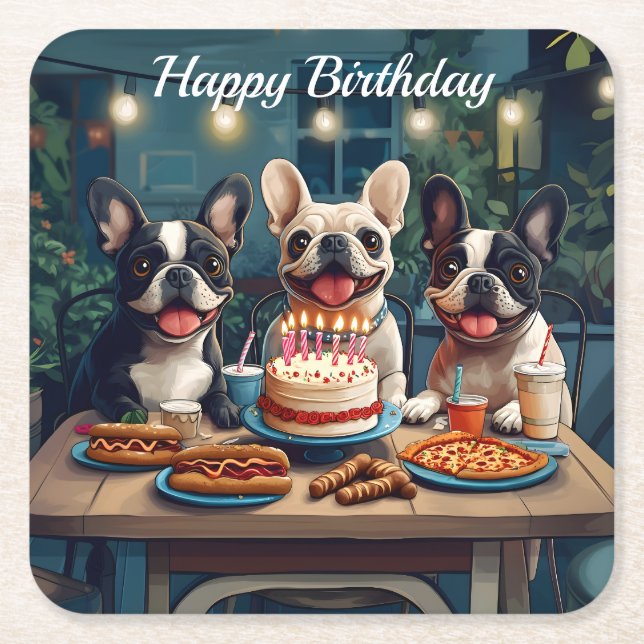 Fransk Bulldog-Födelsedagsfest Underlägg Papper Kvadrat (Framsidan)