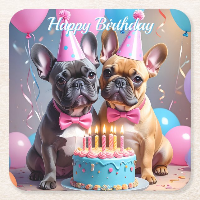 Fransk Bulldog-Födelsedagsfest Underlägg Papper Kvadrat (Framsidan)