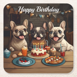 Fransk Bulldog-Födelsedagsfest Underlägg Papper Kvadrat
