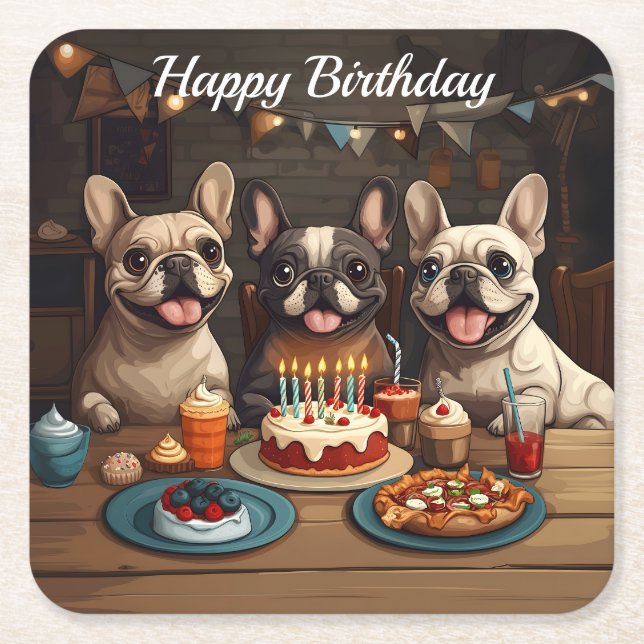 Fransk Bulldog-Födelsedagsfest Underlägg Papper Kvadrat (Framsidan)