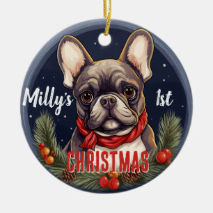 Fransk Bulldog första jul Julgransprydnad Keramik