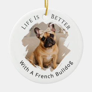 Fransk Bulldog Foto Livet är Bättre Julgransprydnad Keramik