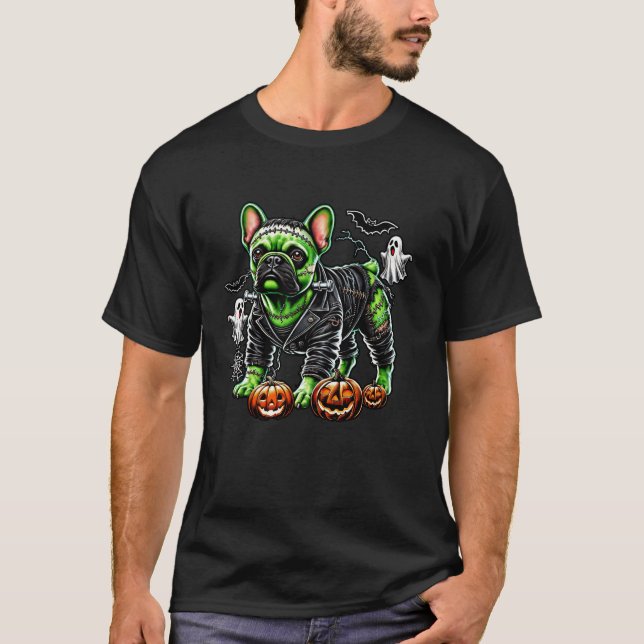 Fransk Bulldog Frankenstein Halloween Valp Costume T Shirt (Framsida)