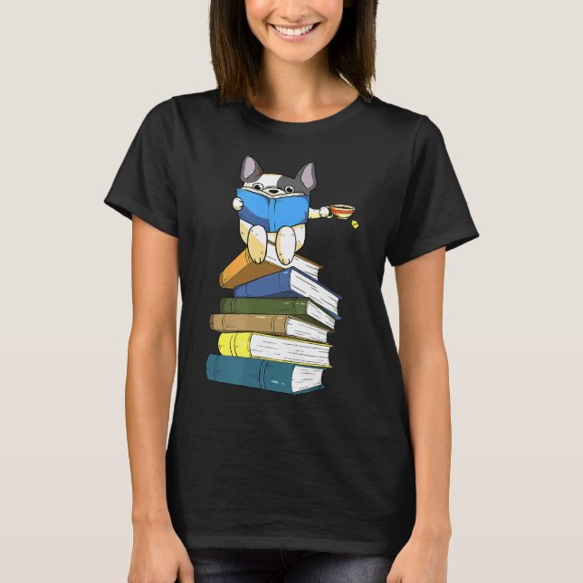 Fransk Bulldog French Bull Dog Reading T Shirt (Framsida)