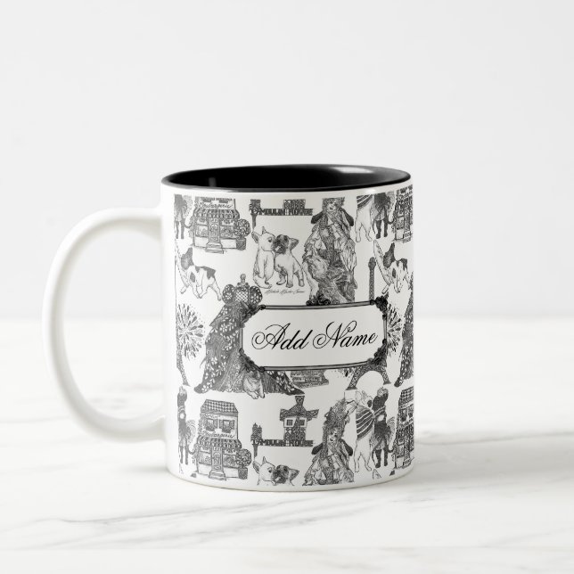 FRANSK BULLDOG Frenchie Black Toile med eget namn Två-Tonad Mugg (Vänster)