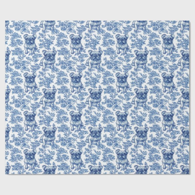Fransk Bulldog Frenchie Blue Toile Mönster Presentpapper (Platt)