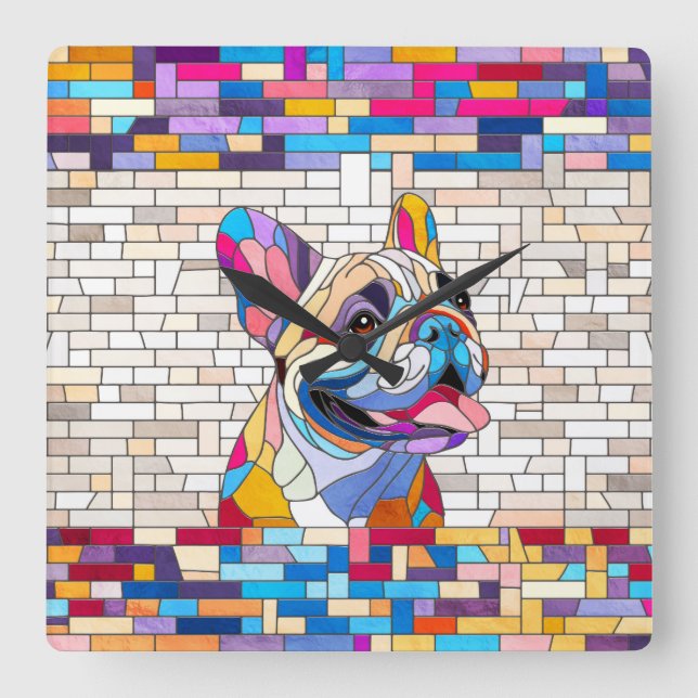 Fransk Bulldog - Frenchie - färgstark mosaik Fyrkantig Klocka (Framsida)