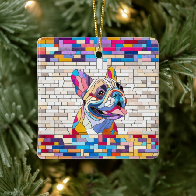 Fransk Bulldog - Frenchie - färgstark mosaik Julgransprydnad Keramik (Träd)
