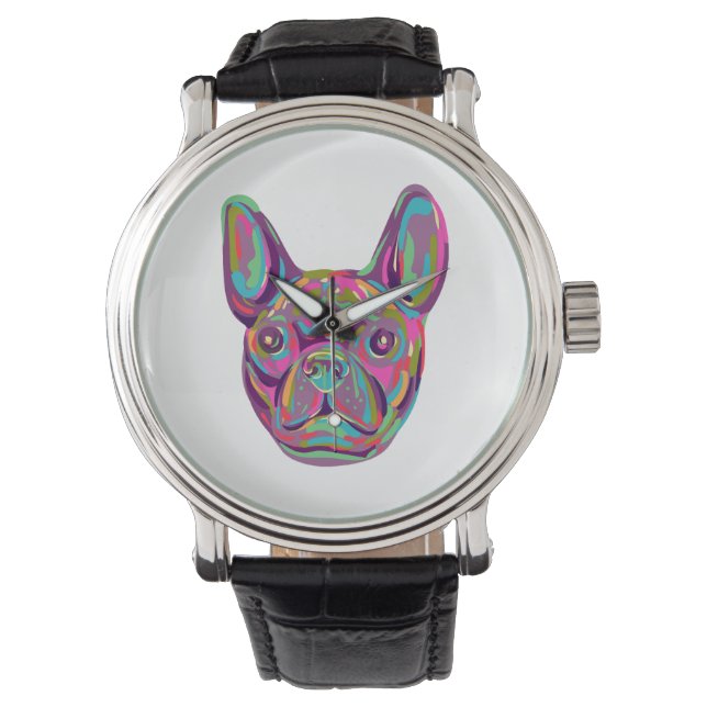 Fransk Bulldog Frenchie head Pop art stil Armbandsur (Framsida)