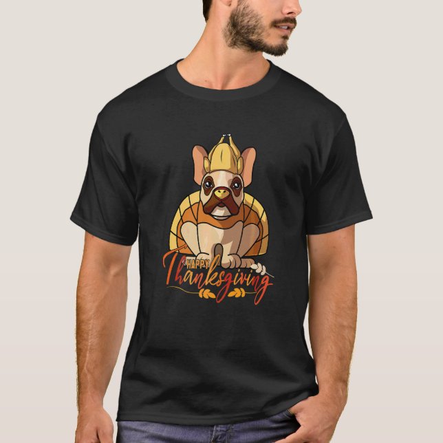 Fransk Bulldog Frenchie Hund Hälsar Glad Tacksägel T Shirt (Framsida)
