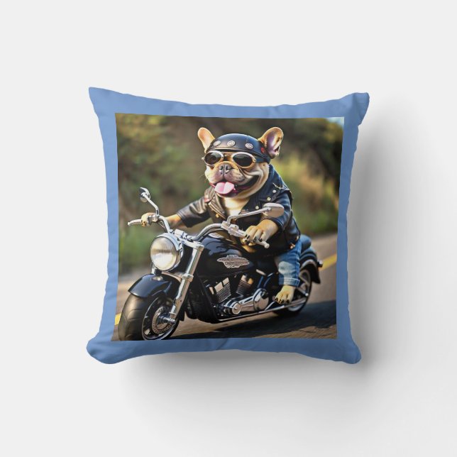 Fransk Bulldog "Frenchie" Riding Motorcycle Pillow Kudde (Framsida)
