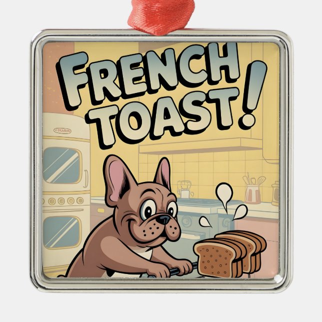 Fransk Bulldog Frukost Tecknad Konst Julgransprydnad Metall (Framsidan)