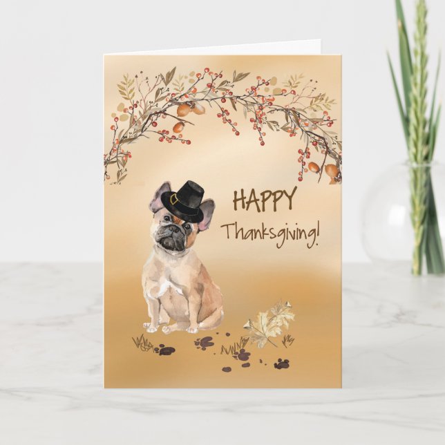 Fransk Bulldog Funny Pilgrim Hat Thanksgiving Kort (Framsida)