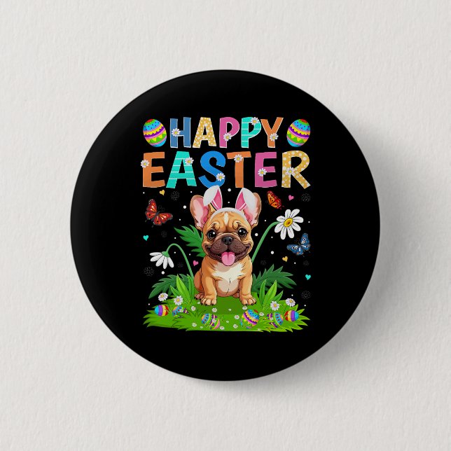 Fransk Bulldog Glad påsk Egg Hunt Bunny Ear Eas Knapp (Framsida)