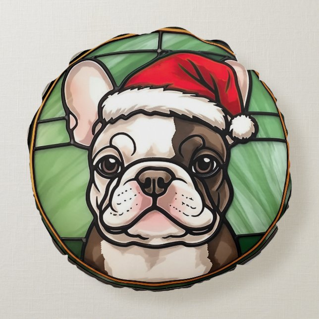 Fransk Bulldog Glasmosaik Jul Rund Kudde (Baksidan)