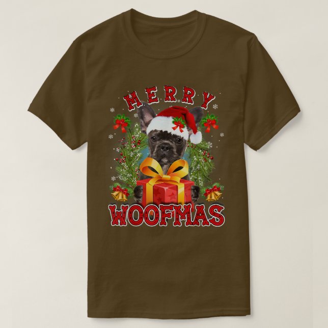 Fransk Bulldog God jul Woofmas Julafton Ljus Sant T Shirt (Design framsida)