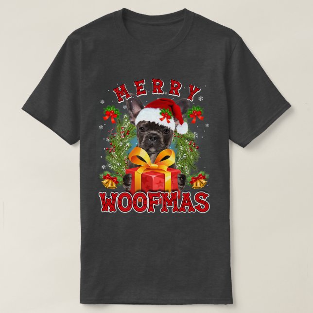 Fransk Bulldog God jul Woofmas Julafton Ljus Sant T Shirt (Design framsida)