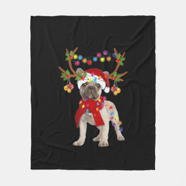 Fransk Bulldog Gorgous Reindeer Julgran Fleecefilt (Framsidan)