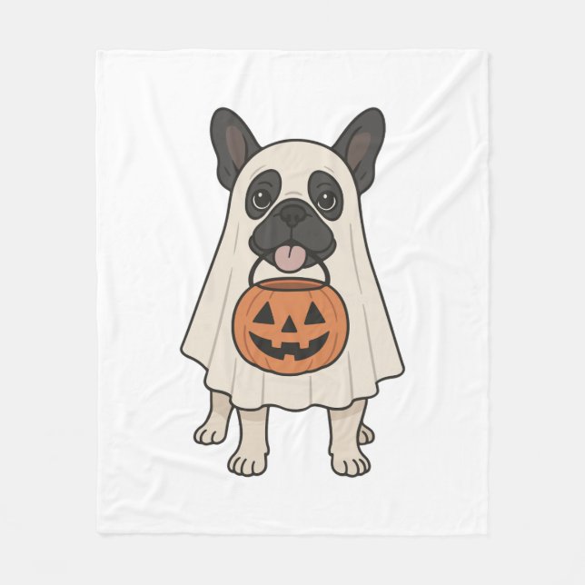 Fransk Bulldog Halloween Hund Ghost Fleecefilt (Framsidan)