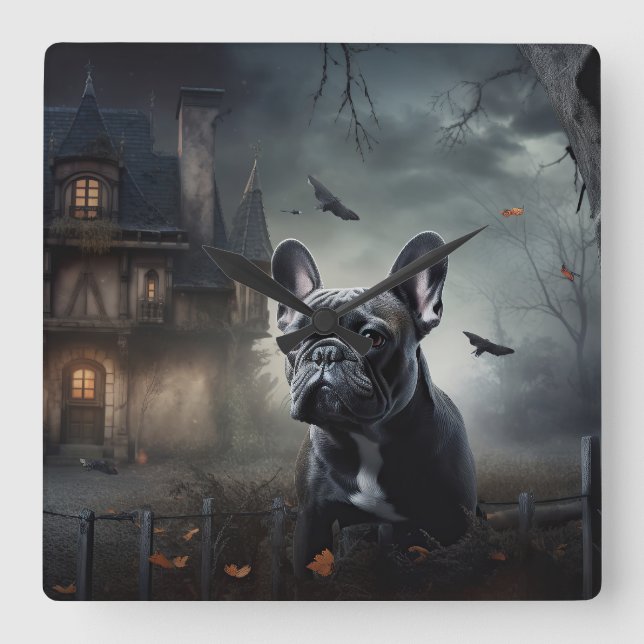 Fransk Bulldog Halloween Scary Fyrkantig Klocka (Framsida)