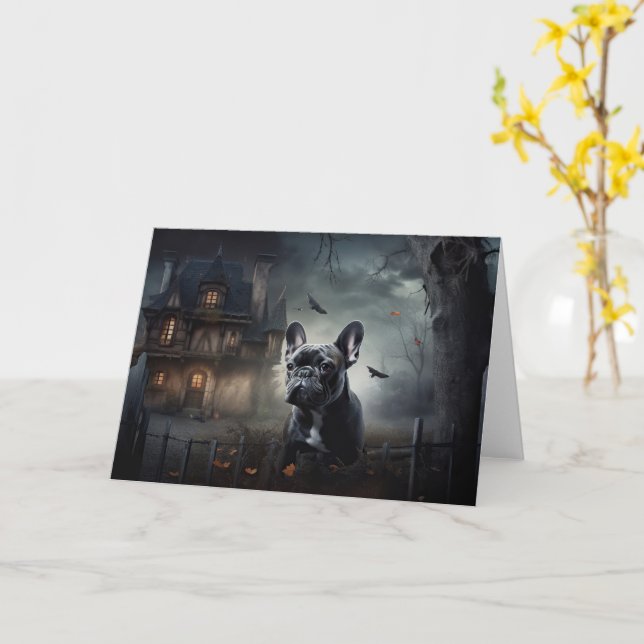 Fransk Bulldog Halloween Scary Kort (Gul blomma)