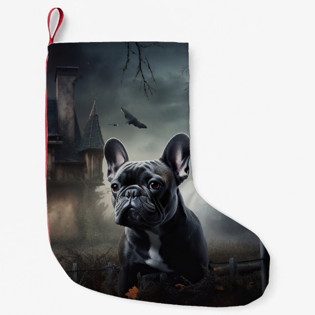 Fransk Bulldog Halloween Scary Liten Julstrumpa (Framsidan)