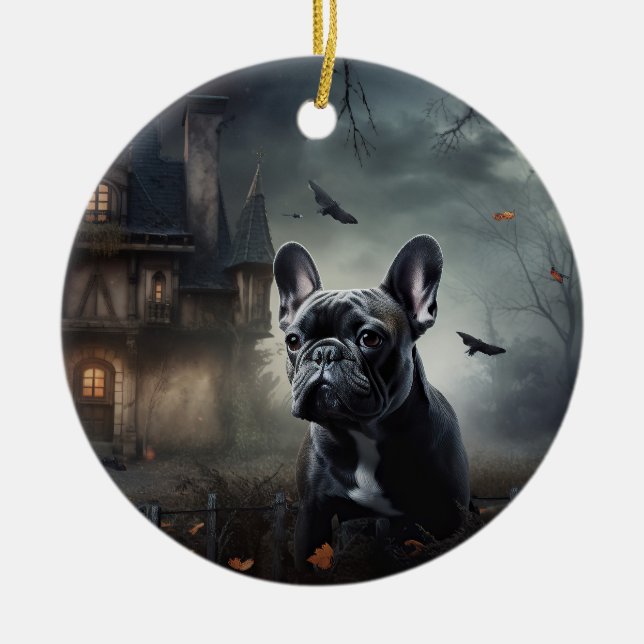 Fransk Bulldog Halloween Skräckinjagande Julgransprydnad Keramik (Framsidan)