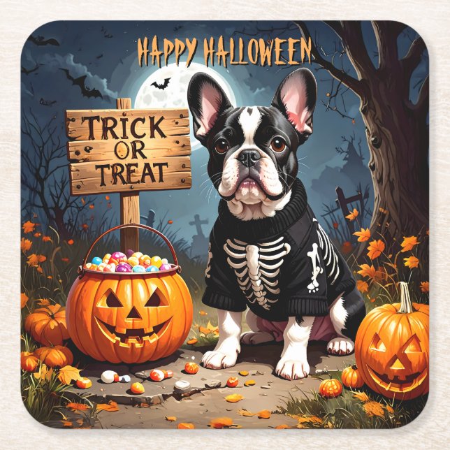 Fransk Bulldog Halloween Underlägg Papper Kvadrat (Framsidan)