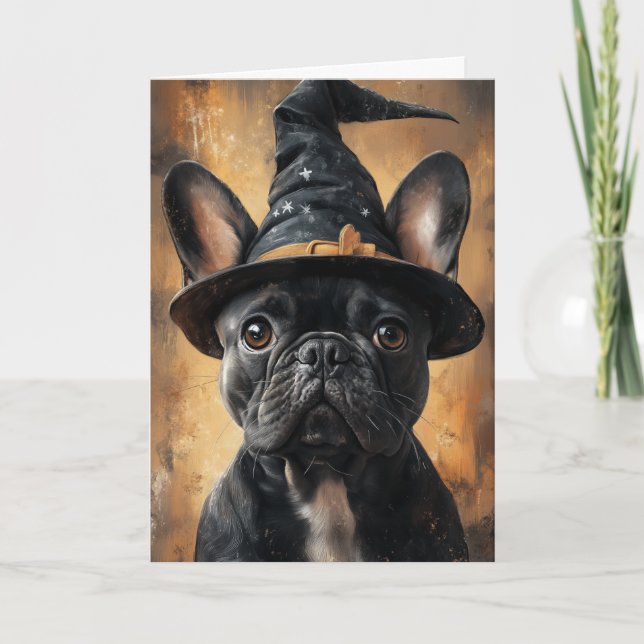 Fransk Bulldog Häxa Halloween Helgkort (Framsida)